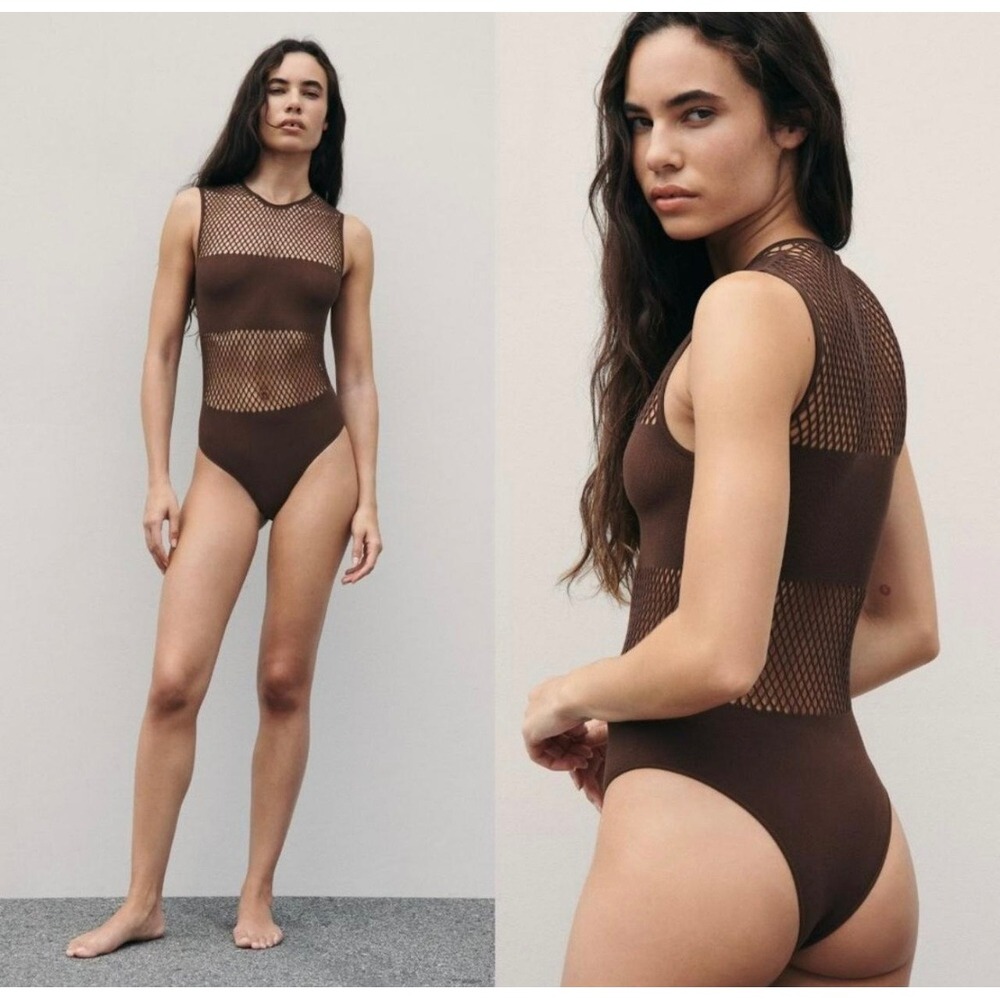 Zara Brown Mesh Knit‎ Sleeveless Bodysuit Round Neck Snap Closure XS S NWOT